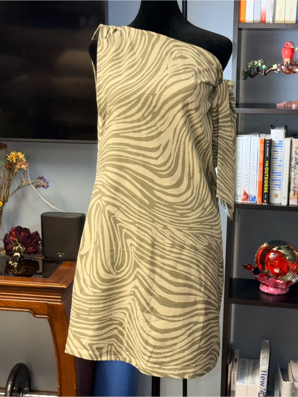 ASOS One-Shoulder Zebra Print Dress in Olive and Cream